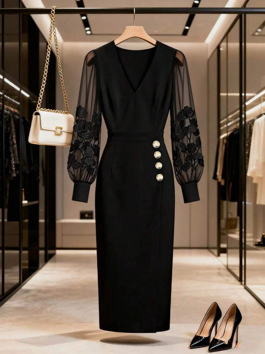 GlowEve CURVE Đầm dài tay cao cấp, thanh lịch, cổ chữ V, tay lưới, xếp ly, cỡ lớn dành cho nữ. - màu đen - Xem 1