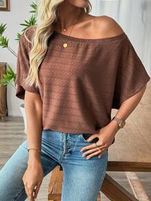 EMERY ROSE 大码女式蝙蝠袖休闲度假T恤 - 棕色 - 查看 1