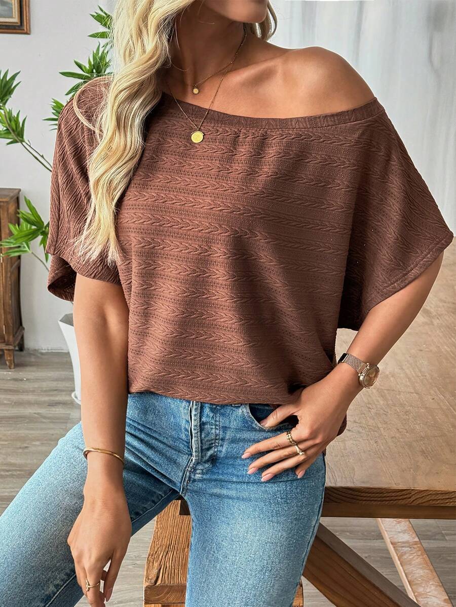 EMERY ROSE 大码女式蝙蝠袖休闲度假T恤 - 棕色 - 查看 1