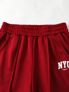SHEIN Casuvi Kids 少女休闲运动裤，简约logo图案撞色口袋装饰连帽针织慢跑裤，宽松阔腿长裤 - 酒紅色 - 查看 6