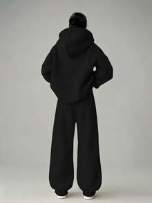 INAWLY 2pcs Casual Loose Hooded Graphic Print Long Sleeve Sweatshirt Jacket & Drawstring Waist Loose Pants Set - Black - View 2