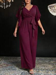 SHEIN Elenzya Mono de mujer de talla grande con mangas cortas acampanadas, cintura con lazo y silueta evasé, de unicolor y ajustado, elegante y casual para uso diario - Rojo violeta - Ver 6