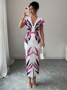 Elenzga V-Neck Waist Gathered Pleated Bodycon Elegant Romantic Sophisticated Women Dress, Suitable For Vacation - Multicolor - View 3