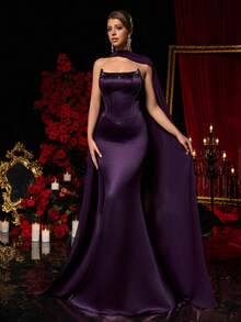 Glamrae Vintage Eggplant Purple Formal Evening Gown,Handmade Tassel Fish Bone Design Mermaid Hem Mesh Dress,Business Formal Guest Dress For Women - Purple - View 6