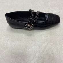 CUCCOO BIZCHIC Quadratische Zehenkappe Vintage Nieten Schnallen Mary Jane Schuhe, Damen Flache Ballett Schuhe mit niedrigem Rist und verstecktem Keilabsatz - Schwarz - Übersicht 14