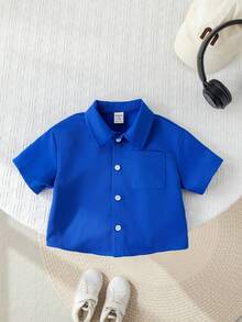 SHEIN Baby Boy Casual Fashionable Slogan Graphic Blue Short Sleeve Shirt Top, Spring/Summer Baby Boy Clothes Letterman Baby Boy Jersey Shirt Baby Baseball Shirt - Royal Blue - View 7