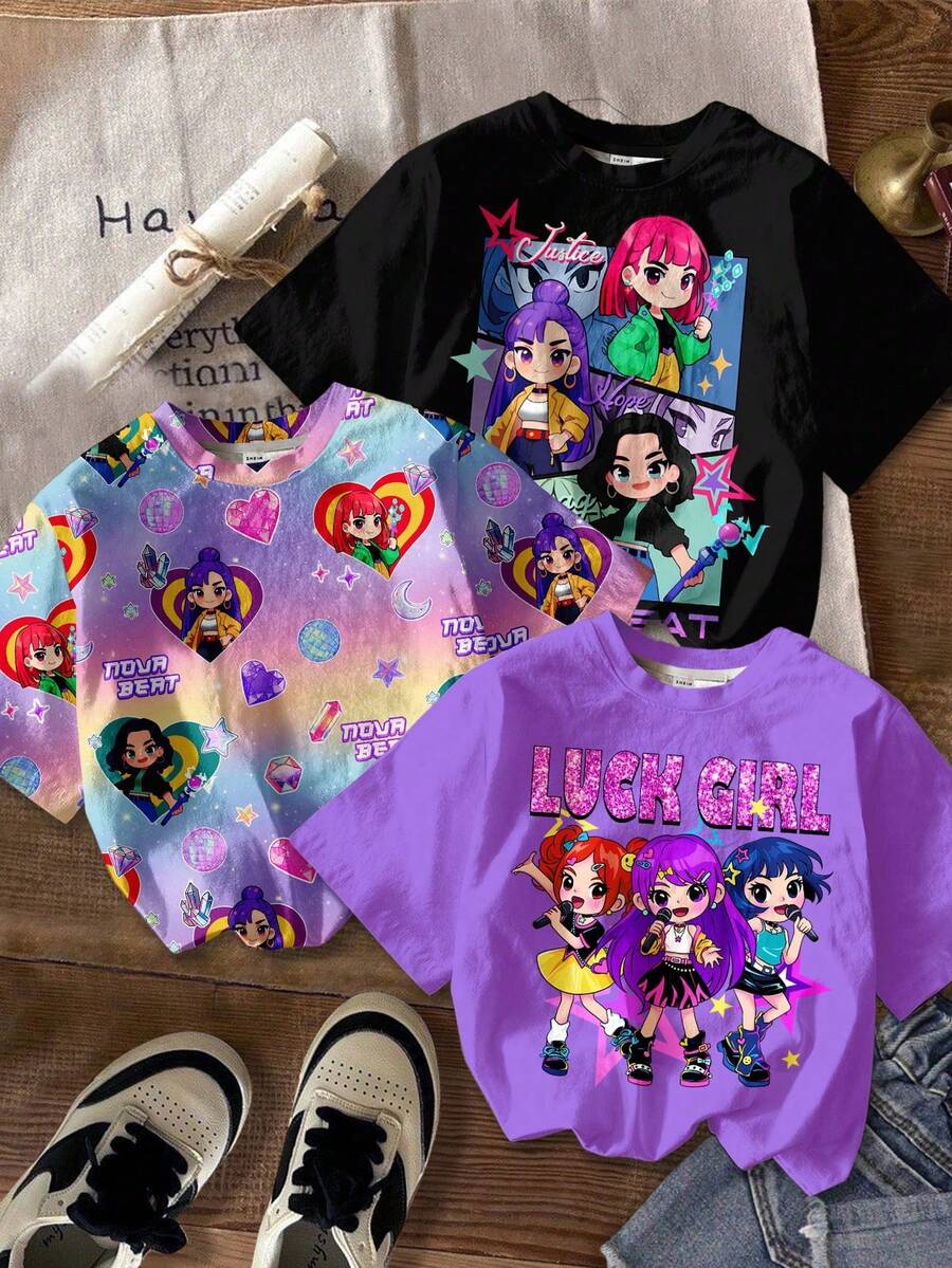 SHEIN Bộ 3 áo thun nữ phong cách thường ngày, họa tiết anime/K-Pop dễ thương, màu tím, nhuộm ombre, đen cá tính, cổ tròn, tay ngắn, thích hợp cho đi chơi, du lịch, xem hòa nhạc, mùa xuân/hè. - Nhiều màu - Xem 1