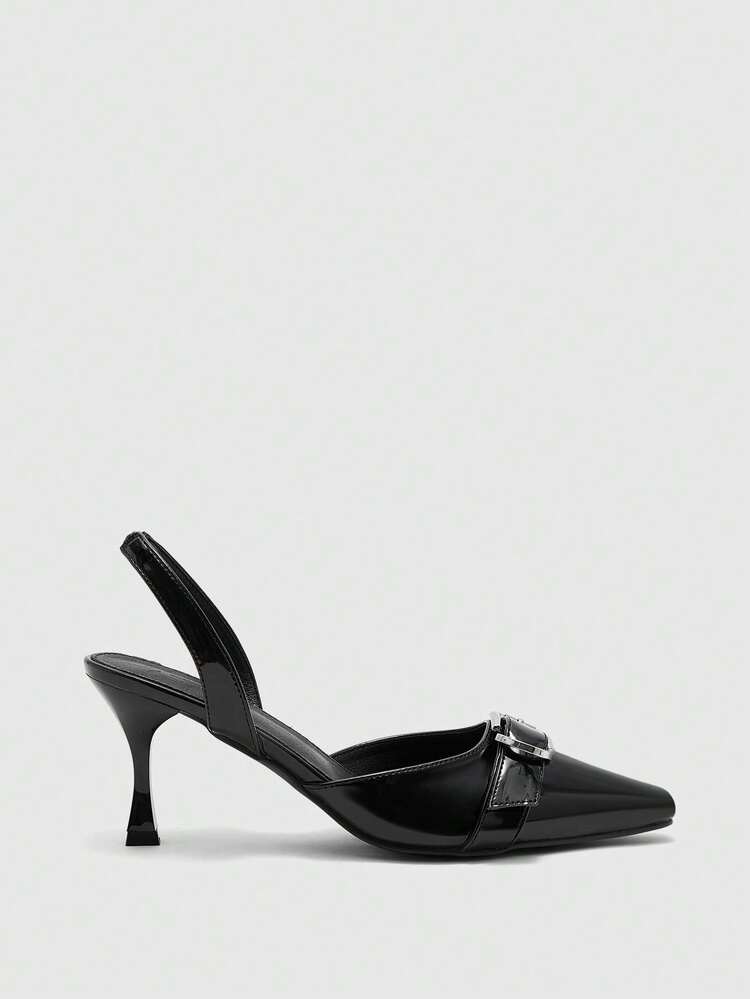 CUCCOO BIZCHIC Women's Outdoor Round Toe Stiletto Heels, PU Leather, Buckle Decor, Fashionable Minimalist Design, Comfortable For Daily, Party, Banquet, Slip-On Hollow-Out Pumps Valentine's Day