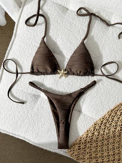 Swim Mod 2026 Spring/Summer Brown & White Contrast Color Bandeau Low-Cut Sexy Side High-Cut 2pcs Women Bikini Swimsuit