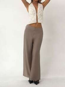 Aloruh Women's Casual Vacation Home Daily Pleated Linen Super Low Waist Loose Wide Leg Pants, Spring/Summer - Khaki - View 4