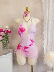 Swim Glamine Bộ bikini 3 mảnh màu hồng pastel thanh lịch, sang trọng dành cho nữ của Bonvoyette, áo tắm liền thân in hoa kiểu yếm với váy lưới xuyên thấu, đồ bơi với họa tiết hoa ly hồng tím, cổ chữ V khoét sâu với điểm nhấn ngọc trai màu trắng ngà/kem, chi tiết nhún eo, dây yếm có thể điều chỉnh, đồ đi biển hoàn hảo cho kỳ nghỉ hè nhiệt đới trên bãi biển, tiệc tùng sang trọng bên hồ bơi và những chuyến nghỉ dưỡng lãng mạn, kỳ nghỉ trên đảo và phong cách hiện đại. - Hồng - Xem 3