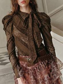 Anewsta 秋季女士高品质蝴蝶结设计长袖T恤，黑色时尚上衣，优雅女士衬衫，适合秋季、冬季、新年等场合，优雅、别致、时尚，圣诞节、外出、冬季女装 - 棕色 - 查看 2