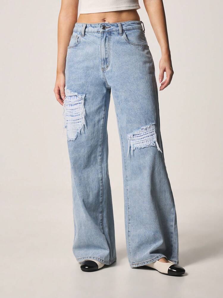 MISSGUIDED Mid Rise Baggy Wide Leg Jeans With Distressed Rips And Frayed Details For Casual Everyday Street Style