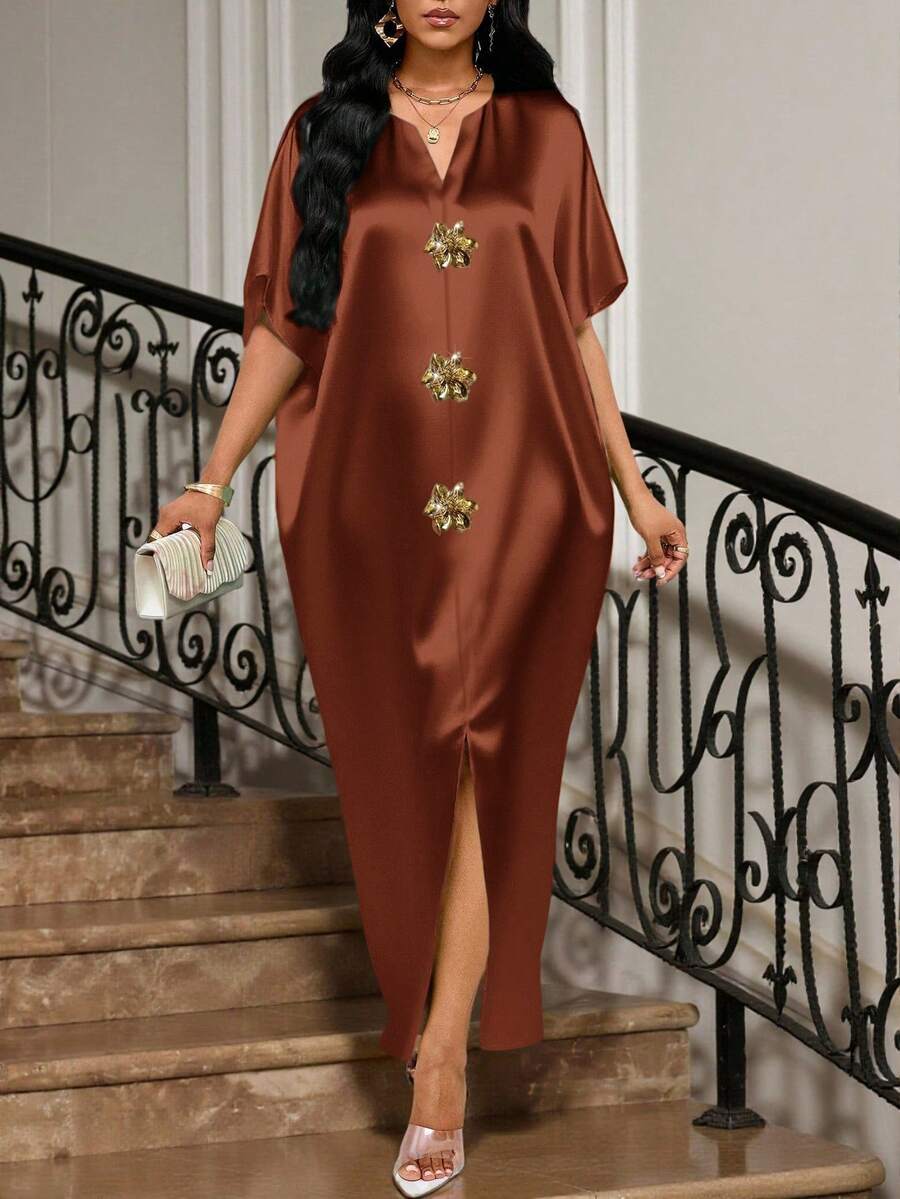 SHEIN Lady 四季皆宜的节日礼服/婚礼宾客/礼服/舞会礼服/金色/晚宴礼服/金色女士缎面提花前开衩连衣裙，休闲派对优雅 - 鏽棕色 - 查看 1