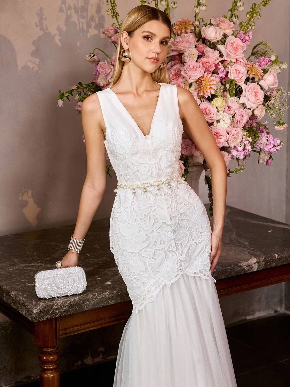 MOTF Soiréza WOMEN'S ELEGANT SLEEVELESS V-NECK FLOOR-LENGTH PARTY DRESS & LIGHT WEDDING GOWN – FLORAL LACE & SHEER TULLE OVERLAY