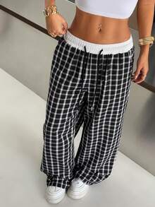 SHEIN EZwear 格子抽绳腰宽松阔腿梭织休闲裤 - 黑色 - 查看 4