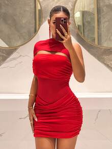 Slaydiva 2025新款网纱拼接镂空黑色迷你连衣裙，适合派对、生日、酒吧、夜店、情人节、万圣节、圣诞节等场合。 - 紅色 - 查看 4