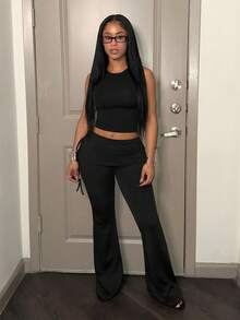 Slaydiva 早春新款，春夏音乐节，情人节，复活节休闲风，简约基础款，Y2K街头甜美风，网红热销款，日常约会，辣妹风，性感运动风，低腰，喇叭腰，侧系带设计，黑色长裤，女士长裤 -A - 黑色 - 查看 4