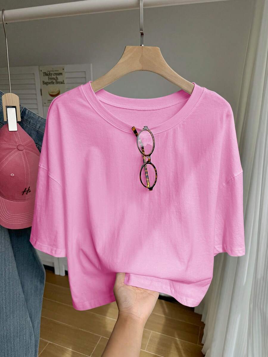 SHEIN EZwear Camiseta casual de manga corta con hombros caídos y unicolor, rosa, talla grande - Rosa - Ver 1