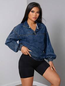 SHEIN SXY 女士纯色半拉链领休闲套头长袖牛仔夹克外套 - 深色水洗藍 - 查看 3