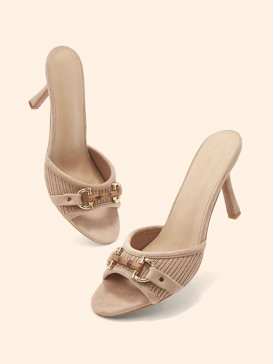 CUCCOO BASICS Giày sandal cao gót 8.8cm màu đen bằng da PU, kiểu dáng cổ điển, trang trí khóa vàng. - Dệt bay màu hạnh nhân - Xem 1