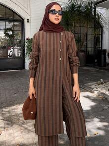 DAZY Women's Elegant Striped Oblique Collar Slit Long Shirt And Wide Leg Pants 2 Pieces Set, Spring/Summer - Coffee Brown - View 5