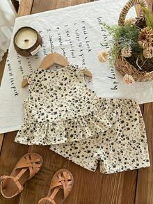 SHEIN LMoss Kids 女婴可爱碎花无袖上衣和松紧腰短裤套装，夏季 - 彩色 - 查看 2