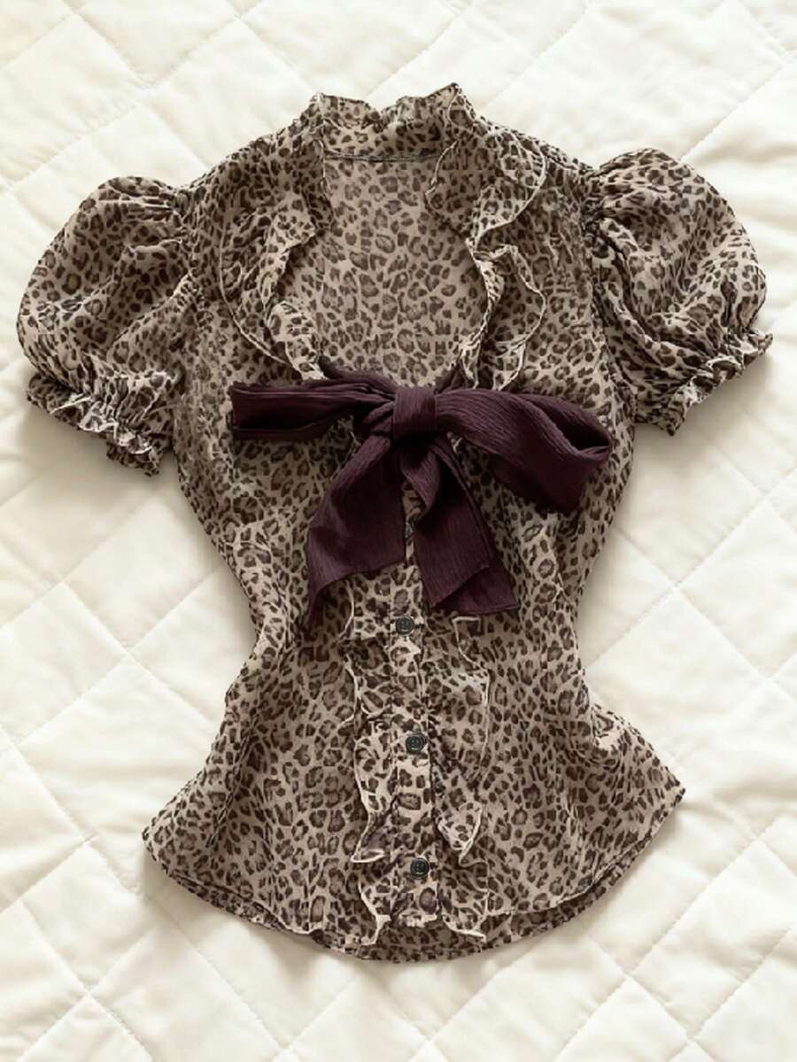 Glimmora 豹纹系带泡泡袖衬衫 - 彩色 - 查看 1