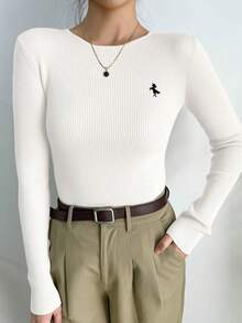 DAZY Suéter de ajuste ceñido de cuello redondo de unicolor, estilo casual de negocios - Blanco - Ver 2