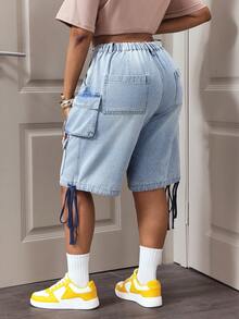 Slaydiva Quần short denim dáng rộng, nhiều túi, dành cho nữ cỡ lớn. - Màu xanh lam - Xem 2