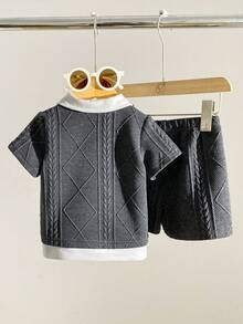 2pcs/Set Infant Boys Jacquard 2 In 1 Polo Shirt And Elastic Waist Shorts Set, Suitable For Commuting, Casual, Vacation, Sports, Party, Spring/Autumn, 6M-3T, Children Clothing, Baby Clothing Baby Boy Shirt And Short Set Baby Boys 2pcs - Grey - View 2