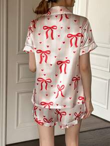 Dream Adore 2 pièces Ensemble de pyjama femme avec nœud papillon et imprimé rayé sur le short à manches courtes, printemps/été/automne - Multicolore - Voir 2