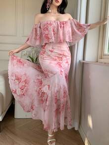 DAZY Women's Elegant Floral Off Shoulder Fishtail Dress, Summer Wedding Guest Dress Maxi Dress Sundress - Pink - View 3