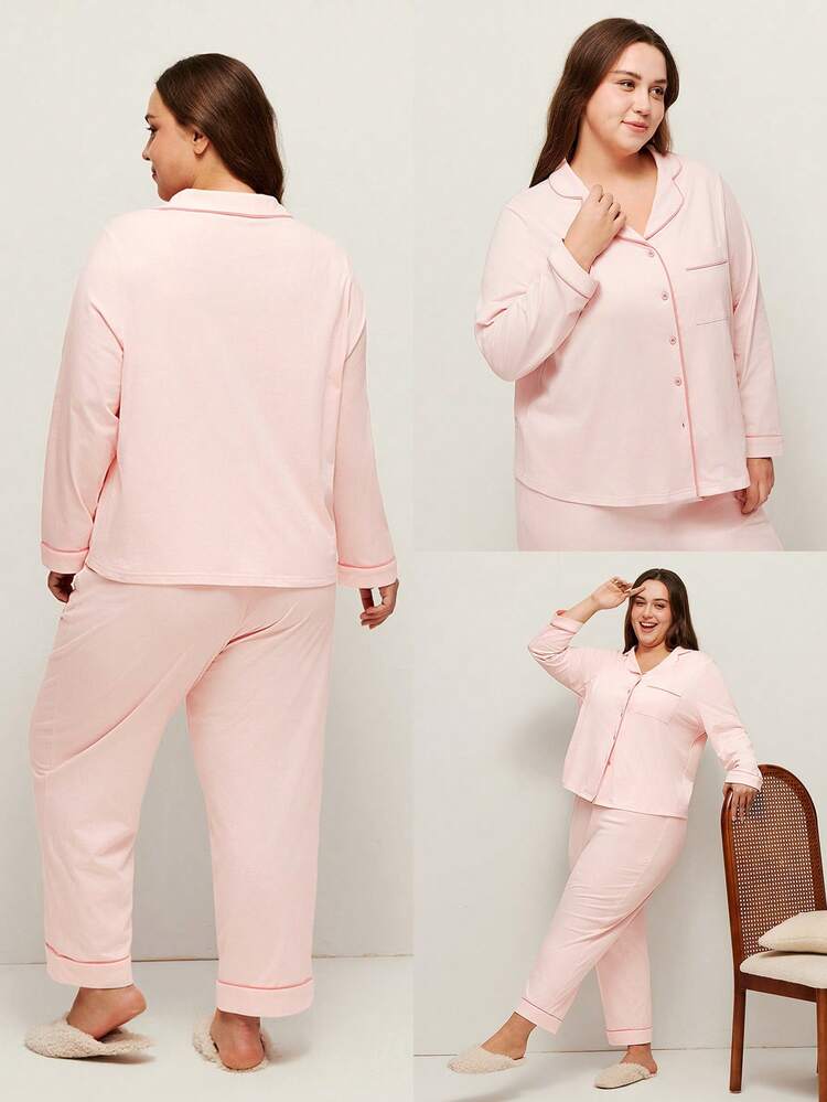 Plus Cotton Button-Up Top & Pants PJ Set