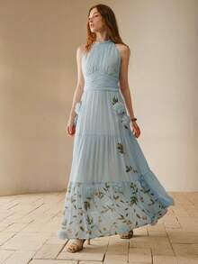 MOTF PREMIUM WOMEN RUCHED HALTER NECK 3D FLORAL DRESS - Baby Blue - View 4