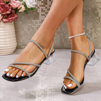 Sandalias de tacón alto para mujeres Sandalias de tacón grueso con pedrería de estilo francés para mujer Nuevas sandalias elegantes inspiradas en los cuentos de hadas de verano Sandalias de tiras con pedrería para mujer Zapatos de tacón alto con punta abierta y tacón grueso con pedrería Sandalias de doble uso