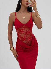 Aloruh Đầm ren đỏ xếp ly, gợi cảm, lãng mạn cho buổi hẹn hò ngày Valentine dành cho phụ nữ - Đỏ - Xem 7