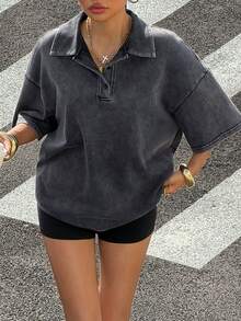 Muchica 女士复古水洗雪花图案 Polo 领宽松短袖 T 恤，适合外出和街头穿着 - 黑色 - 查看 5