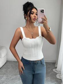 Elenzga Fashionable Frill Trim Women Knit Camisole Top - White - View 3