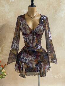 Soleia Summer Outfits Vacation Outfits Women Spring Dress Women Carnival Women Vacation Dress  Women's Printed Minimalist Daily Wear V-Neck Long Sleeve Mini Dress Carnival Women - Multicolor - View 3