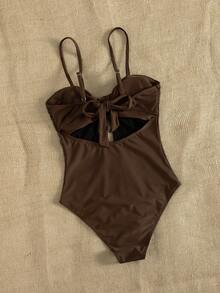 Swim Chiccia 1件装女士性感休闲度假简约优雅纯色镂空扭结肩带连体泳衣，春夏款 - 棕色 - 查看 6
