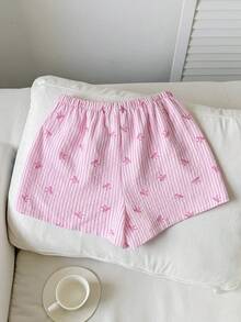 SHEIN 少女夏季优雅条纹印花甜美粉色蝴蝶结条纹低腰弹力短裤 - 粉色 - 查看 2