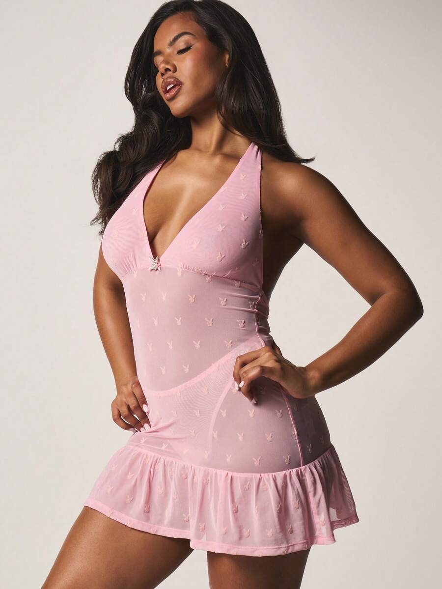 Missguided x Playboy Đầm ngắn cổ yếm khoét sâu với hình thỏ đính đá và viền bèo nhún, thích hợp cho tiệc tùng, đi club hoặc ngày Valentine. - Hồng - Xem 1