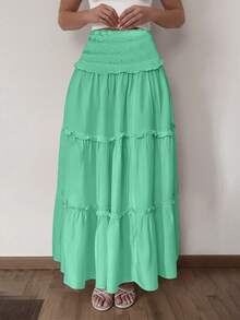 Glamine 休闲日常/假日纯色腰部褶皱绿色半身裙 女装夏季套装 女装度假装 女裙 秋季女装 - 薄荷綠 - 查看 6