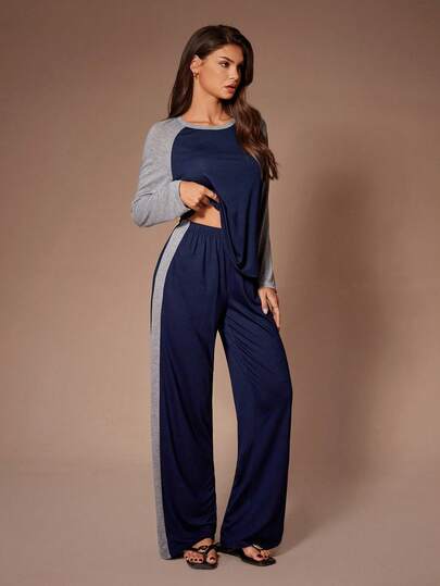 SHEIN 2pcs/Set Colorblock Patchwork Casual Sporty Crew Neck Long Sleeve Top And Pants Loungewear Set For Women