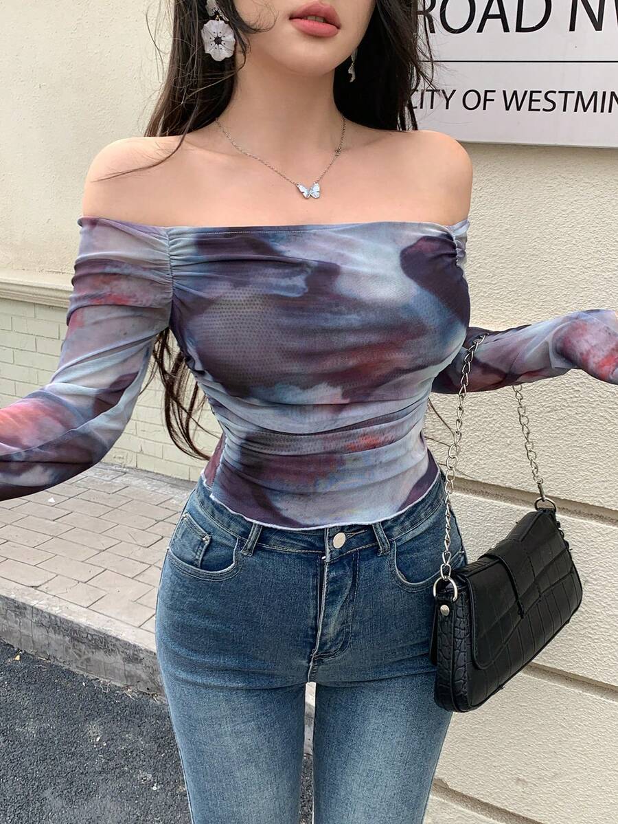 Modelyn Women's Knit Mesh Long Sleeve Off Shoulder Cinched Waist Pleated Casual T-Shirt - Multicolor - View 1