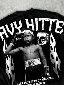 Manfinity EMRG Plus Size Men Street Style Cropped Loose Boxing Graphic T-Shirt, Great Gift For Friends - Black - View 2