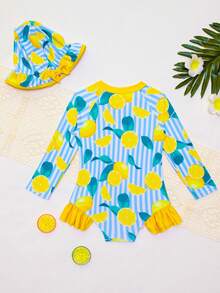 Baby Girls' Cute Lemon Print Ruched Zipper Front One-Piece Swimsuit With Adjustable Bow Sun Hat, For Beach Vacation, Spring/Summer/Autumn