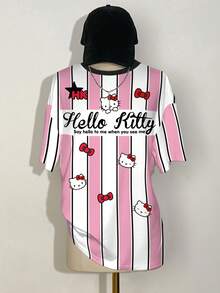 HELLO KITTY AND FRIENDS | SHEIN 女士条纹卡通图案圆领短袖T恤 - 白色 - 查看 3