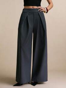 Poéselle Women's Pleated Pocket Loose Casual Striped Wide Leg Pants - Grey - View 3